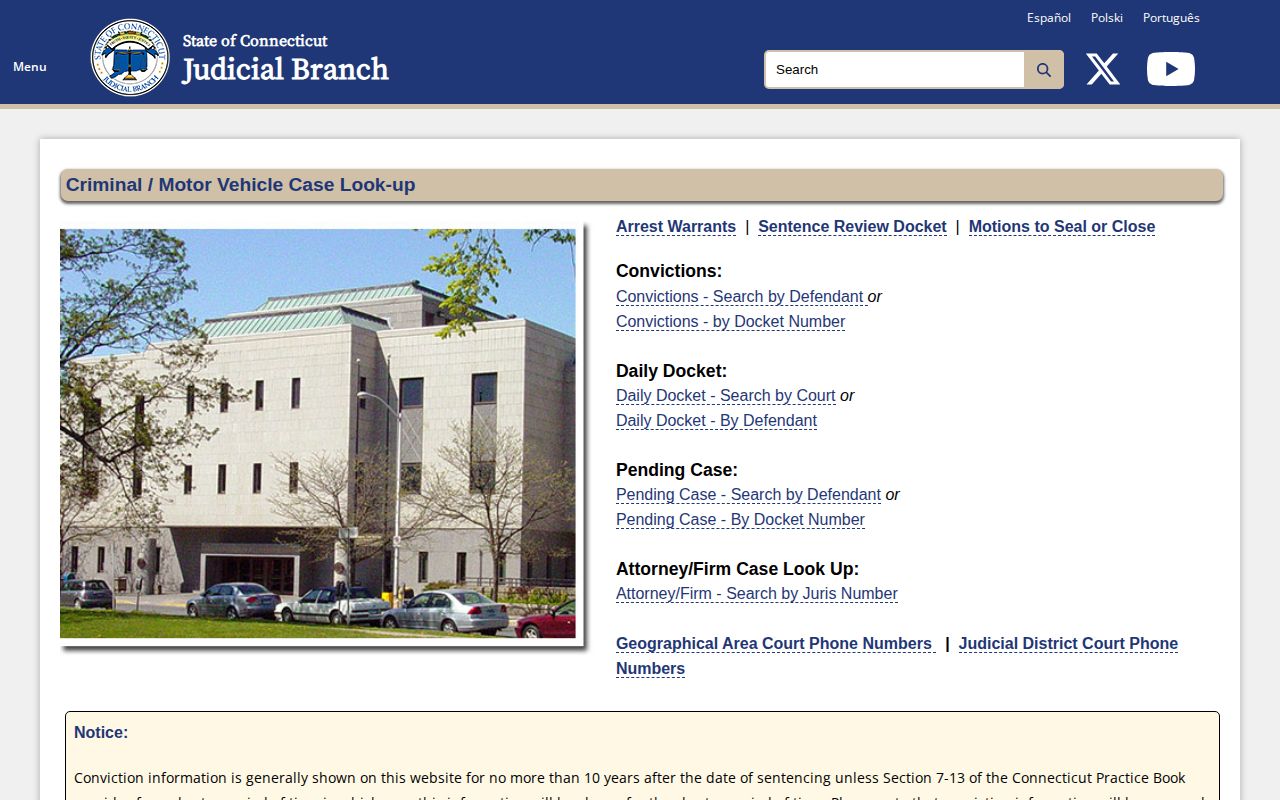 Tolland County arrest and court record search choices from Connecticut Judicial