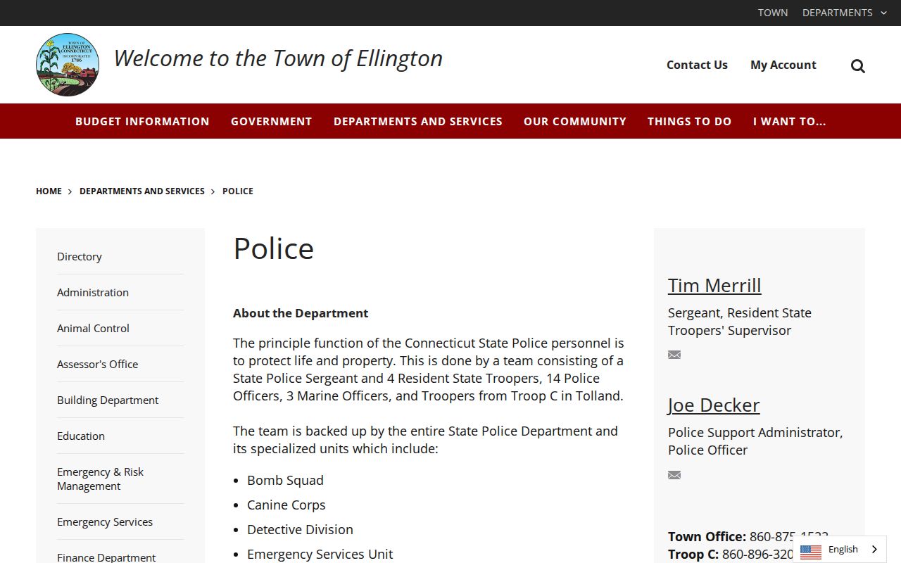 Ellington Police contacts and forms for arrest record access