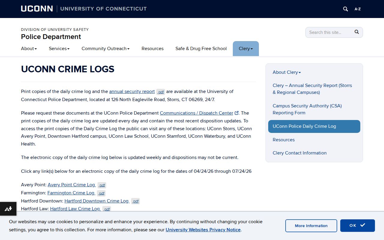UConn Storrs crime log for Mansfield arrest and incident records